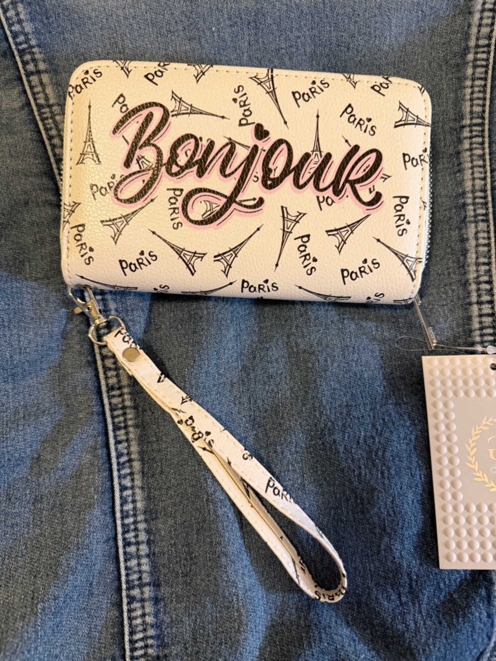 Bonjour Paris Zip Wristlet Wallet in White with Black & Pink Accent
